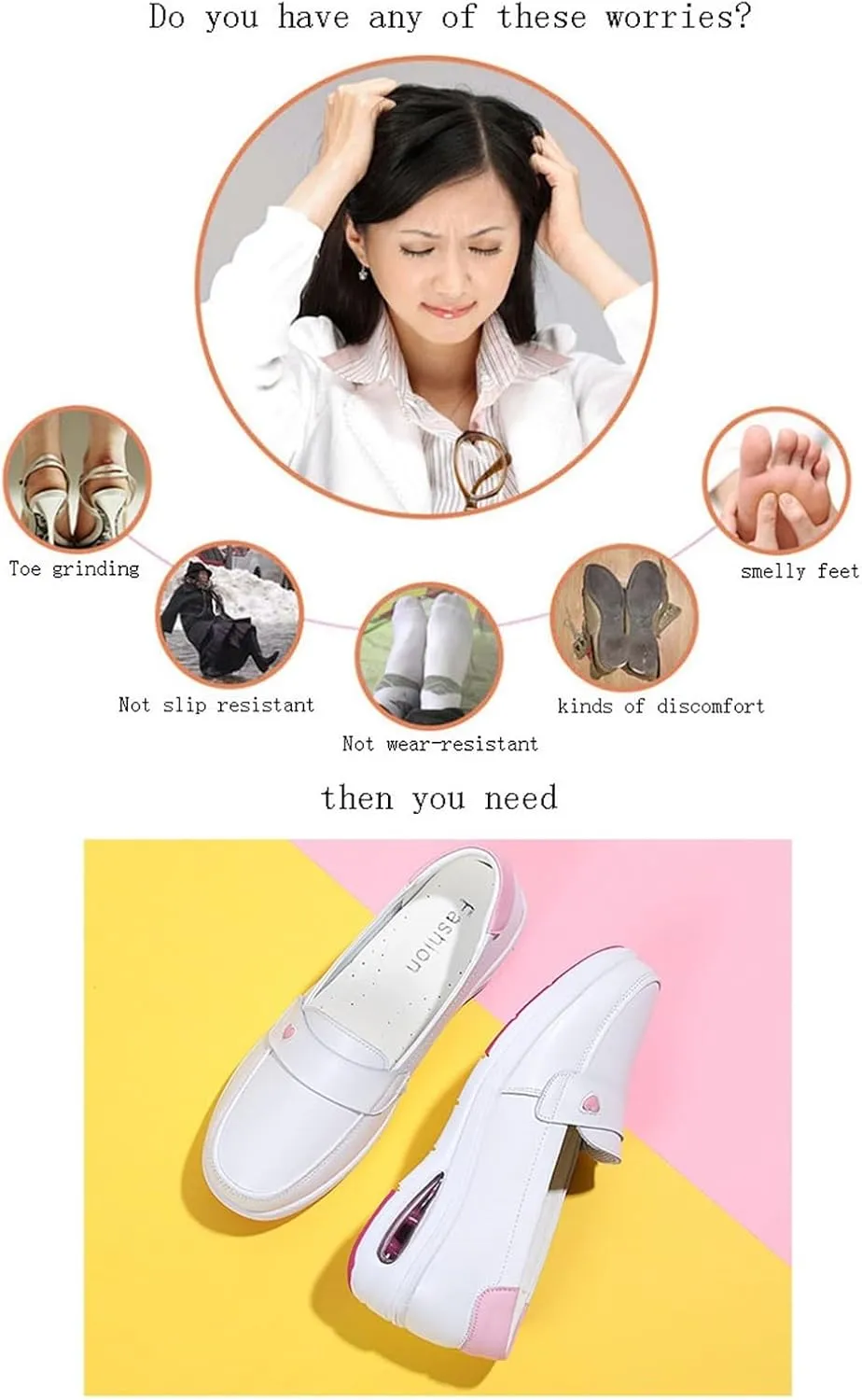 Orthopedic Walking Shoes for Women, Women's Leather Non-Slip Work Wide Fit Comfy Air Cushion Breathable Slip On Walking Nurse Shoes, Comfortable Air Cushion, for Nurse Doctors