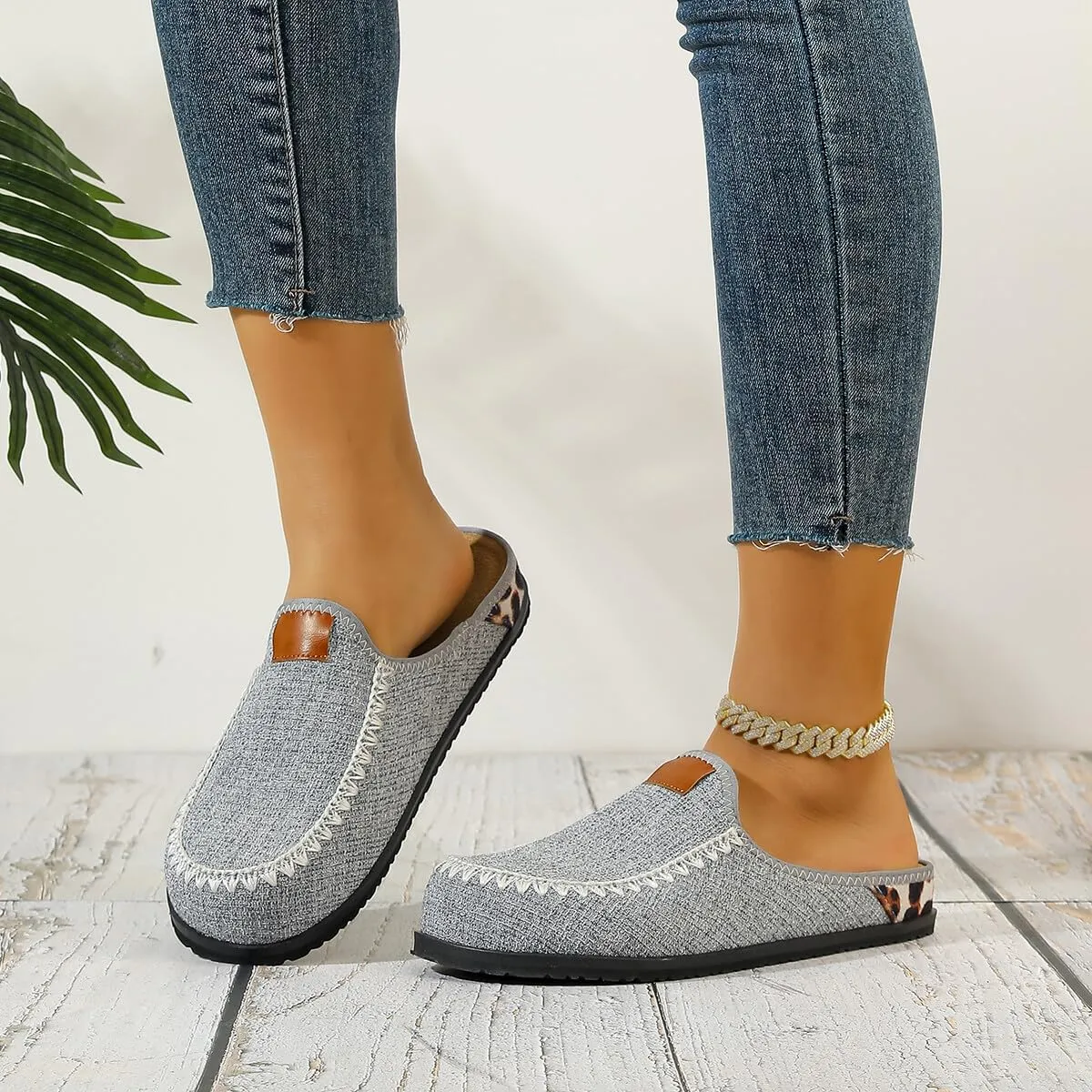 Unisex Gray Loafers for Men & Women – Slip-On Casual Shoes with Zigzag Stitching, Leather Collar Patch, and Spotted Heel Detail