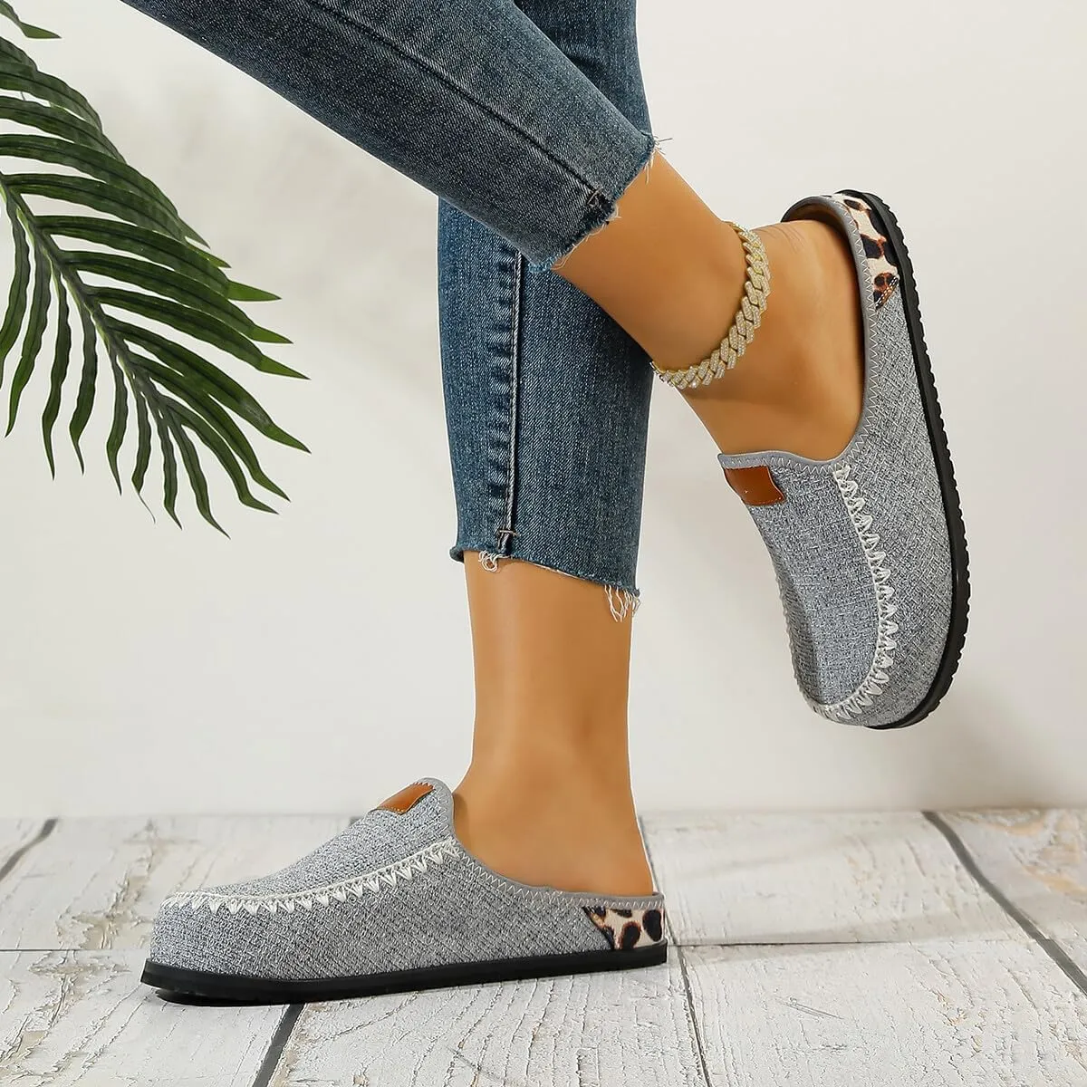 Unisex Gray Loafers for Men & Women – Slip-On Casual Shoes with Zigzag Stitching, Leather Collar Patch, and Spotted Heel Detail
