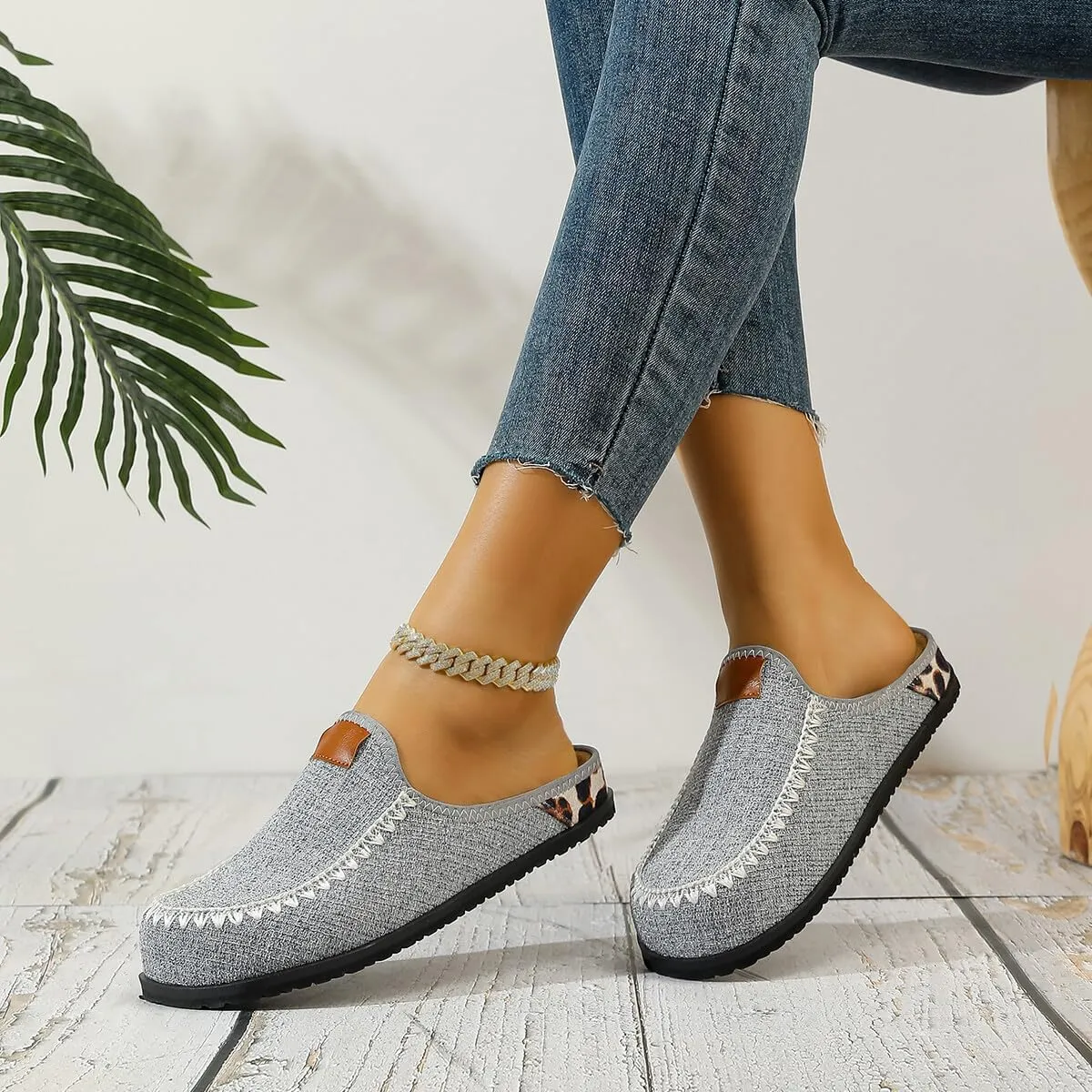 Unisex Gray Loafers for Men & Women – Slip-On Casual Shoes with Zigzag Stitching, Leather Collar Patch, and Spotted Heel Detail