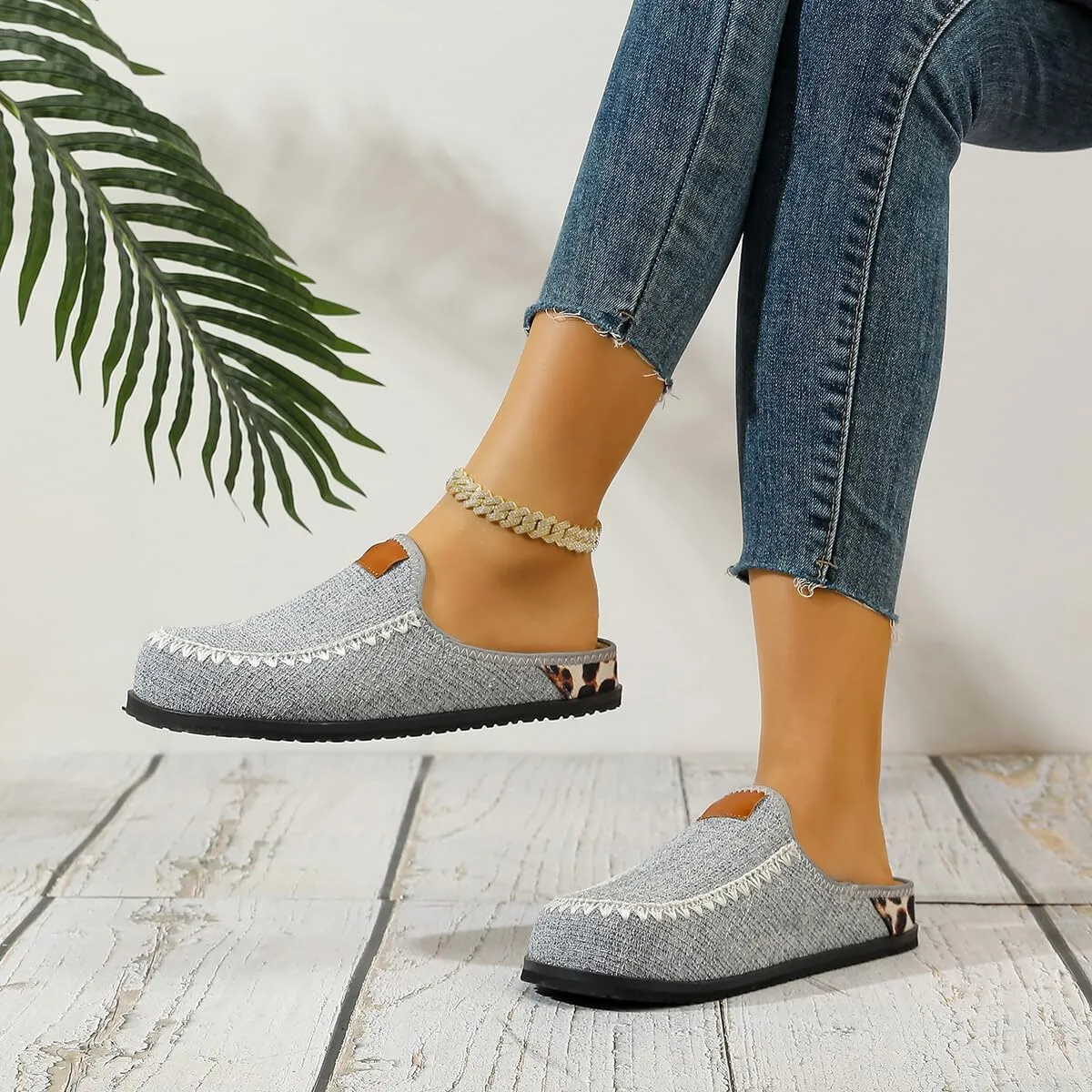 Unisex Gray Loafers for Men & Women – Slip-On Casual Shoes with Zigzag Stitching, Leather Collar Patch, and Spotted Heel Detail