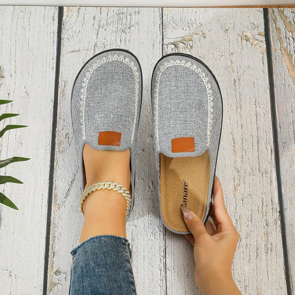 Unisex Gray Loafers for Men & Women – Slip-On Casual Shoes with Zigzag Stitching, Leather Collar Patch, and Spotted Heel Detail